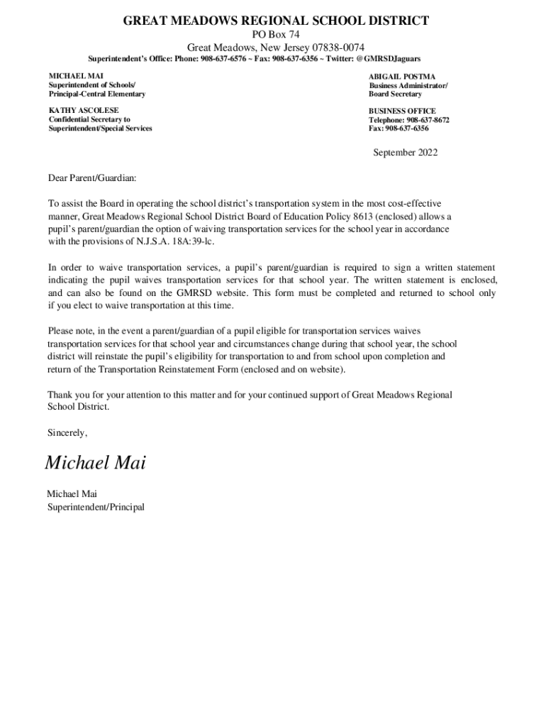 Fillable Online GREAT MEADOWS REGIONAL SCHOOL DISTRICT7062 Fax Email