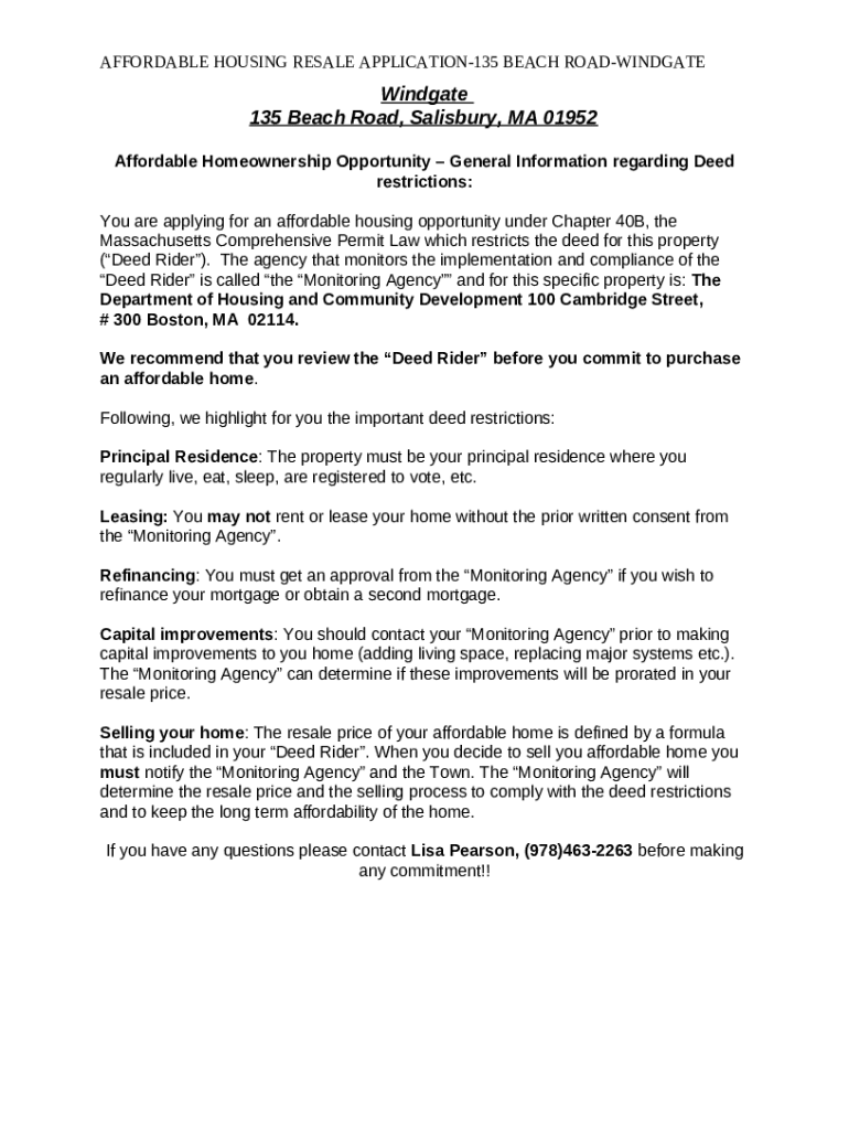 Chapter 40B General Deed Restrictions for Homeowners Doc Template