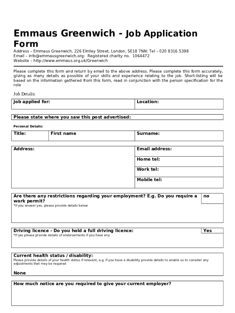 Emmaus Greenwich Job Application emmaus org Doc Template pdfFiller