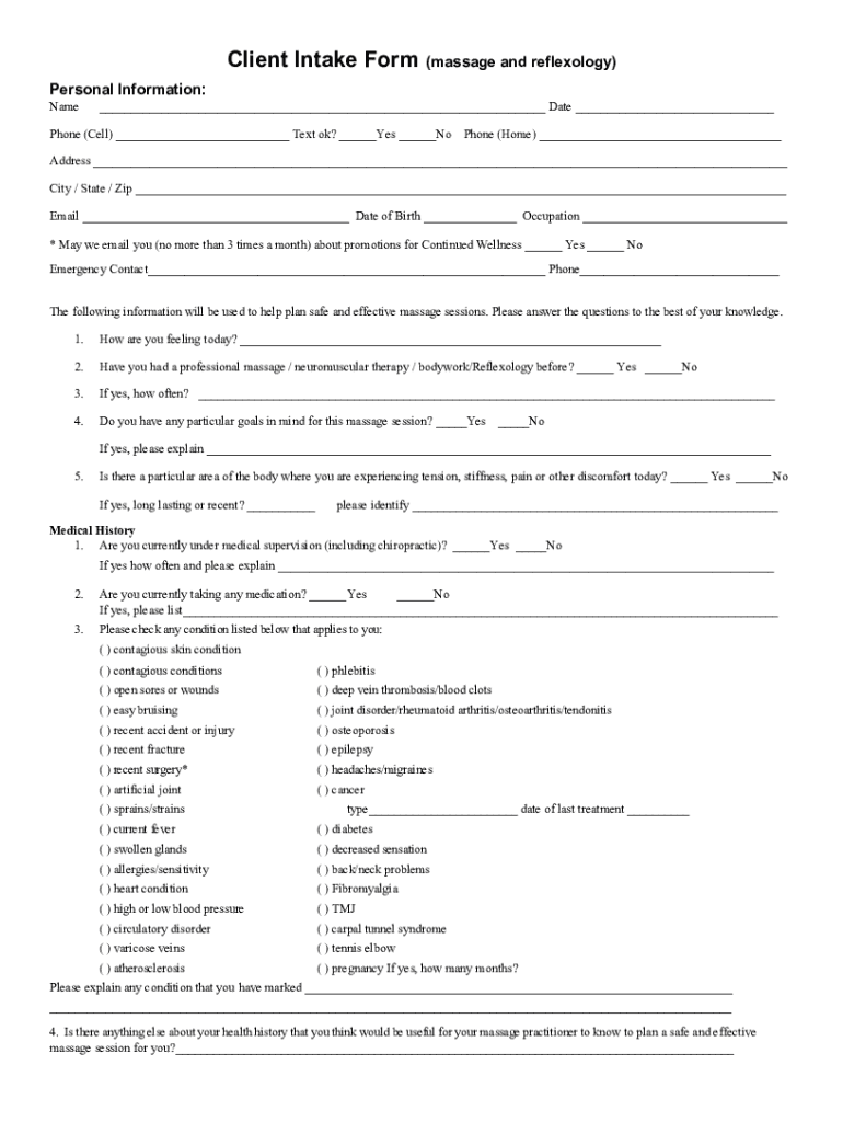 Fillable Online Free Reflexology Client Intake FormPDFWord Fax Email ...