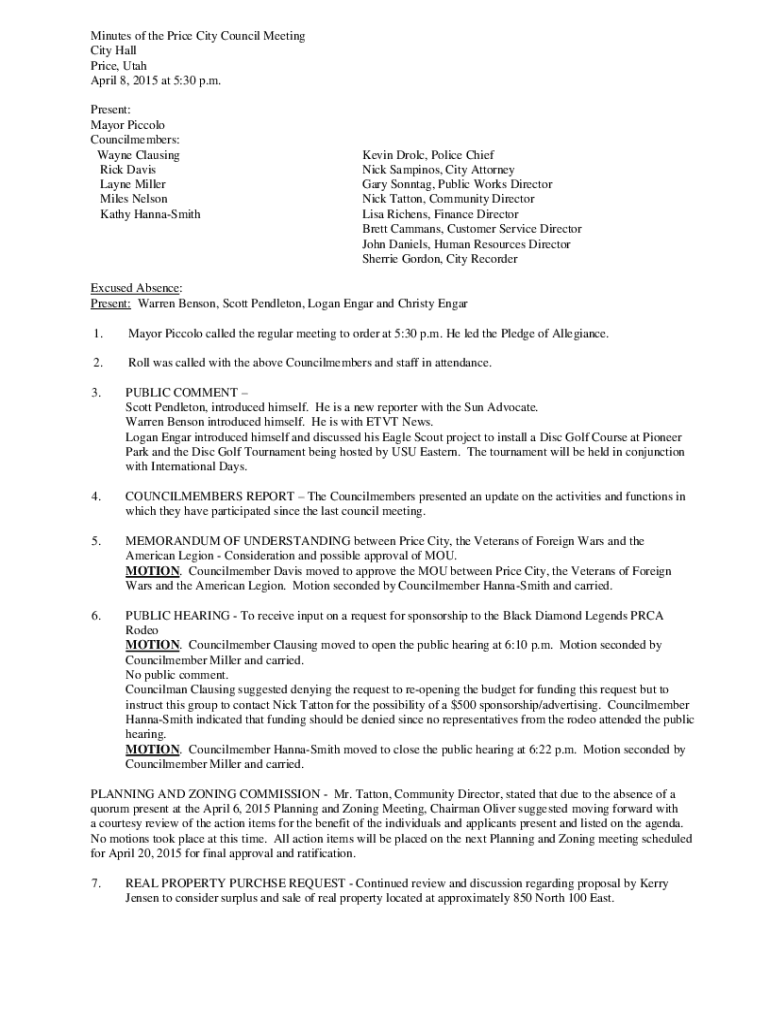 Fillable Online 7 a.m. Present Mayor Joe Piccolo Councilm Fax Email Print pdfFiller