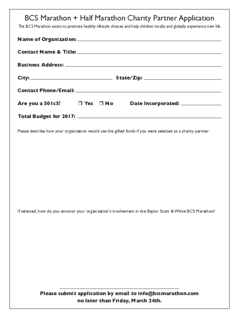 Fillable Online BCS Marathon & Half Marathon Charity Partner