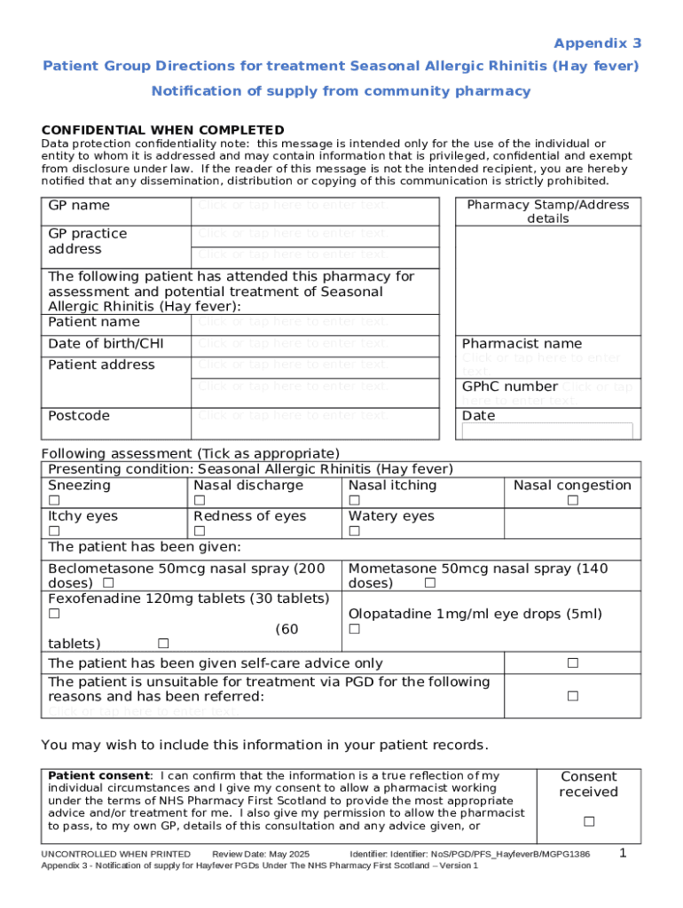 Patient Group Directions for treatment of Seasonal Allergic Rhinitis