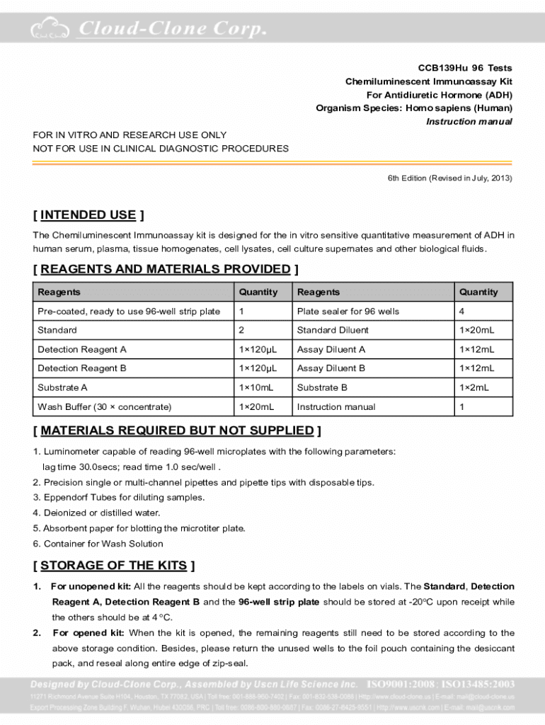 Fillable Online CLIA Kit for Antidiuretic Hormone (ADH). Instruction ...