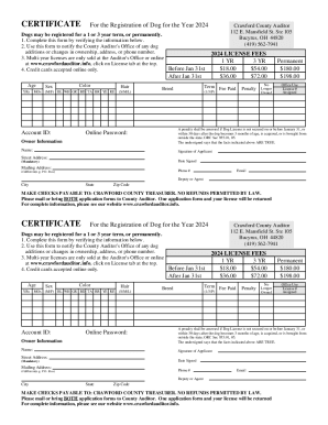Fillable Online CERTIFICATE For the Registration of Dog for the Year ...