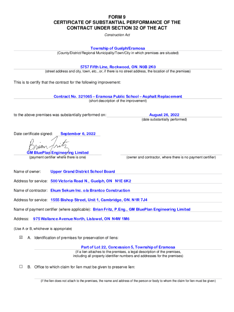 Fillable Online 321065+Form+9+Certificate+of+Substantial+Performance+ ...