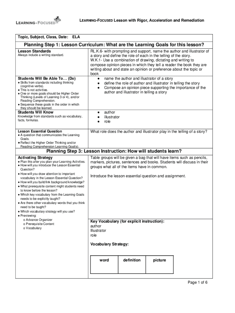Fillable Online Planning Step 1: Lesson Curriculum: What are the ...