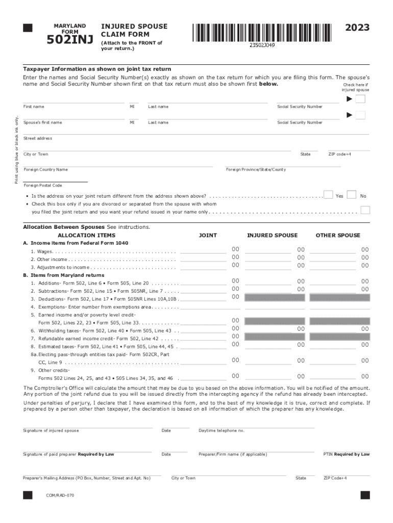 Tax Year 2023 502INJ Injured Spouse Claim Form Tax Year 2023 502INJ Injured Spouse Claim Form Preview on Page 1