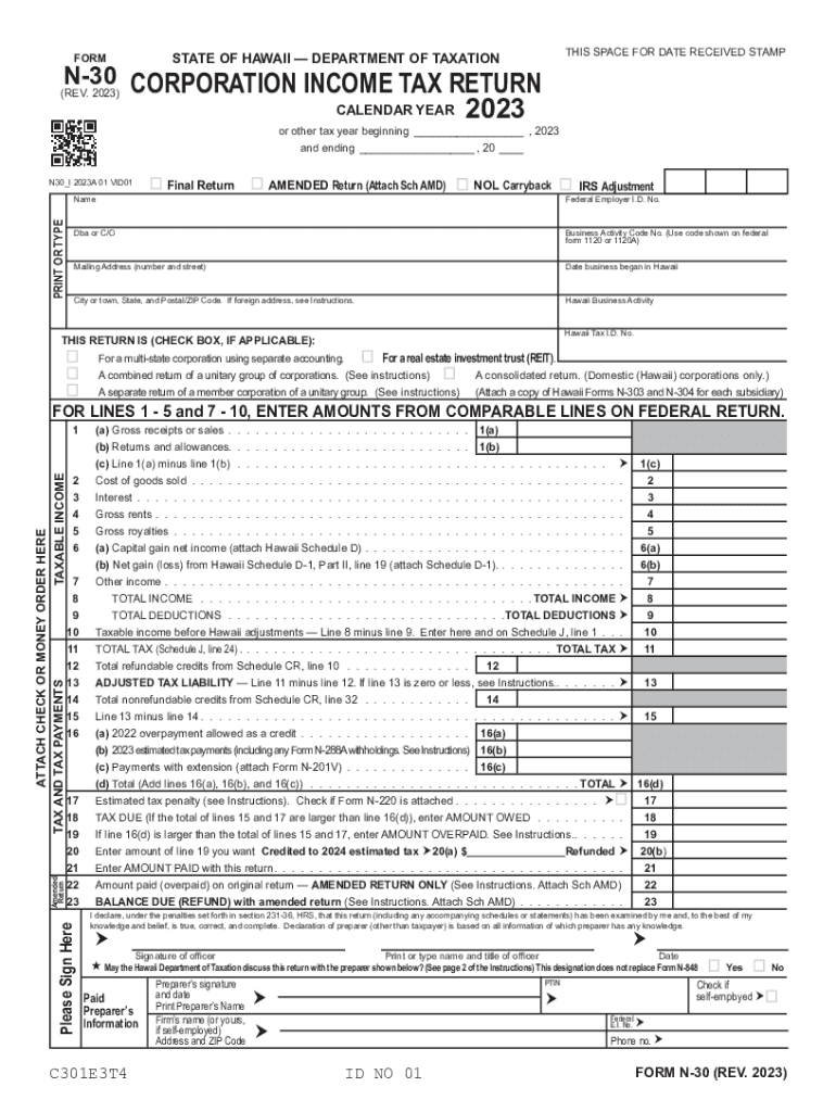 Form N-30, Rev 2023, Corporation Income Tax Return Forms 2023 - Fillable Preview on Page 1