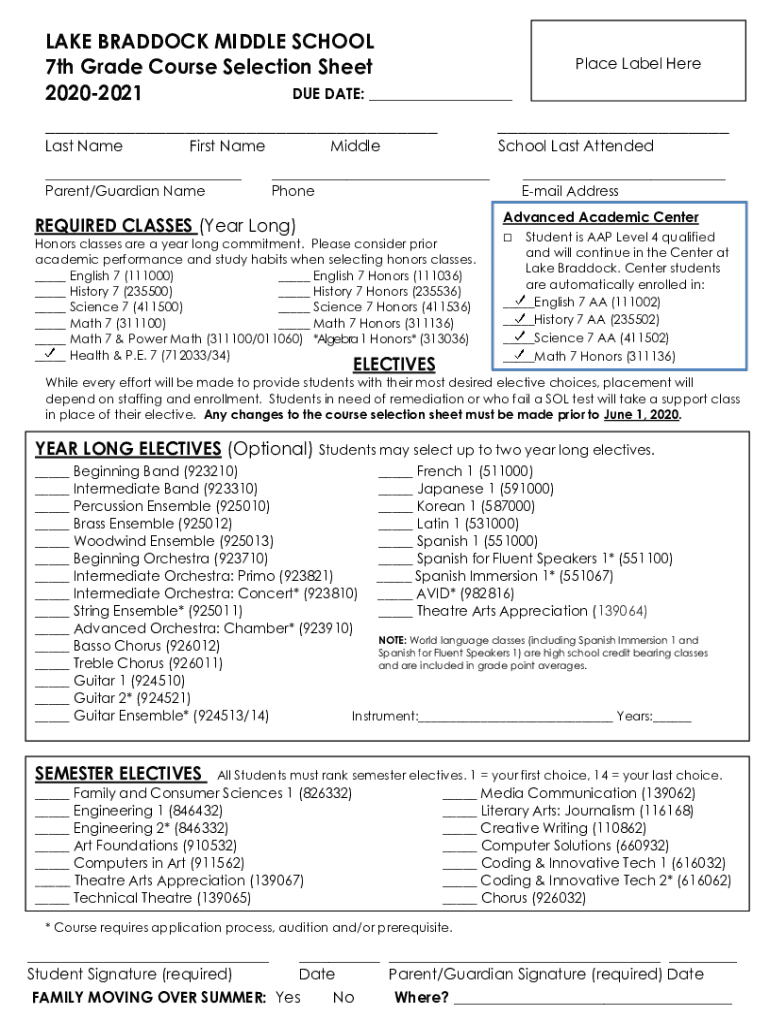 Fillable Online LAKE BRADDOCK MIDDLE SCHOOL 7th Grade Course Selection