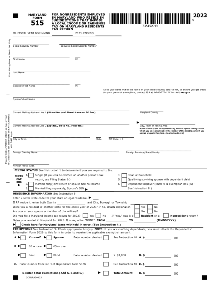 2023 Maryland Form 515 Nonresidents employed in Maryland who reside in jurisdictions that impose loc Preview on Page 1