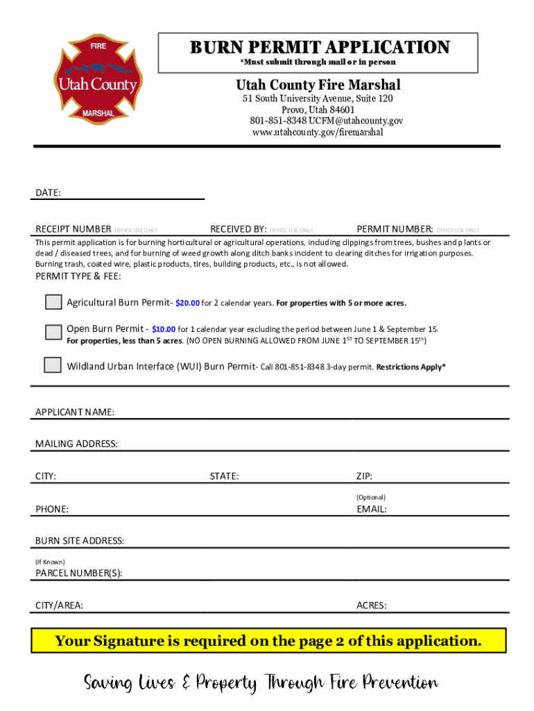 Utah County Fire Marshal Burn Permit Application Burn Permit Application Preview on Page 1