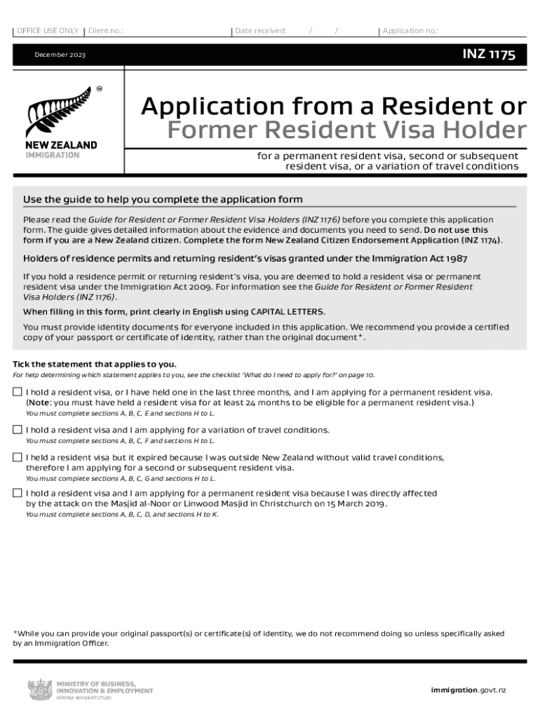 Application from a Resident or Former Resident Visa Holder (INZ1175) Preview on Page 1