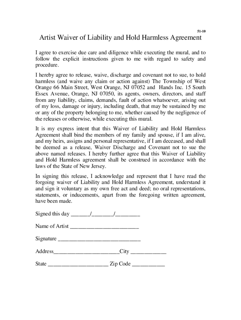 Fillable Online Artist Waiver of Liability and Hold Harmless Agreement Fax Email Print - pdfFiller