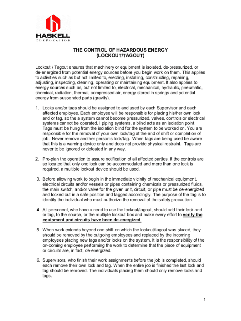 Fillable Online Lockout/Tagout Program: The Control of Hazardous Energy ...