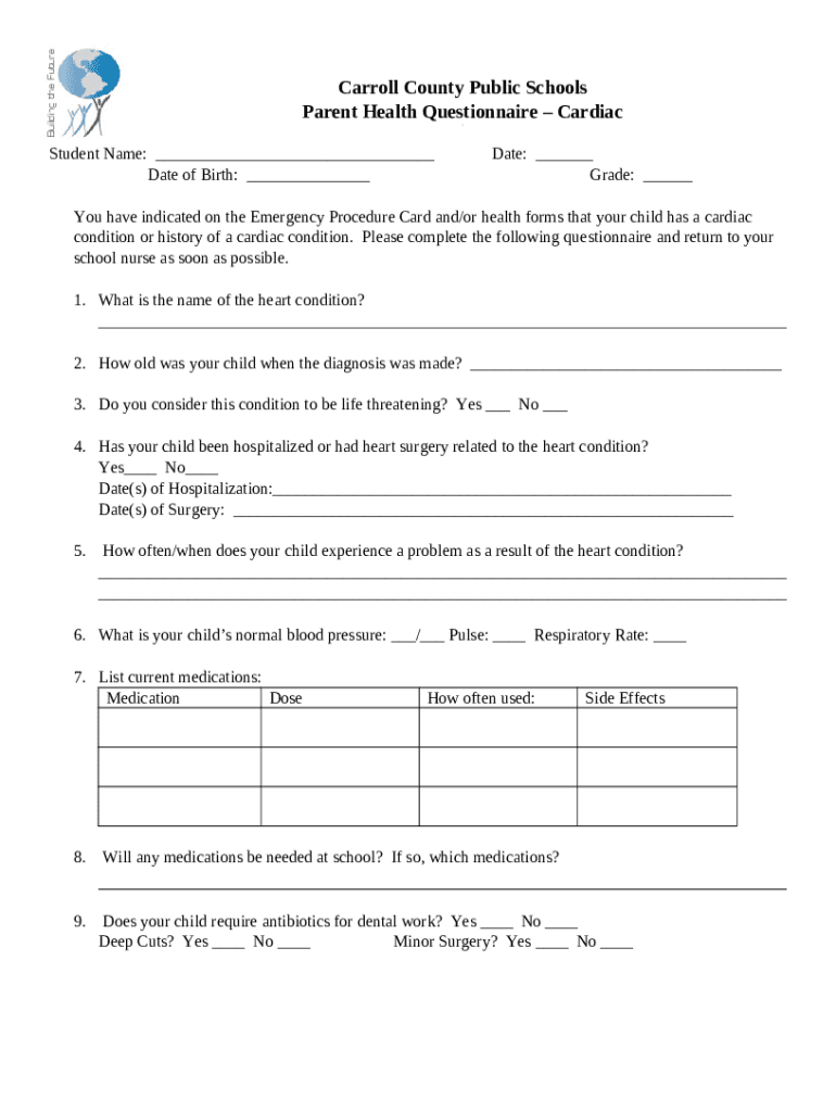 Parent Health Questionnaire - Cardiac Doc Template | pdfFiller