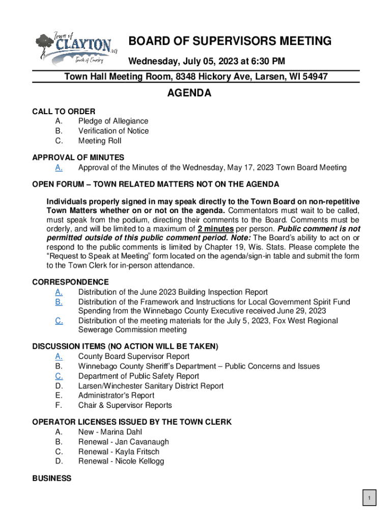 Fillable Online Notice of Possible Quorum Town of Poygan, Winnebago