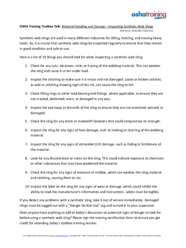 Fillable Online Toolbox Talk Slings Inspection Pdf FREE Fax Email Print