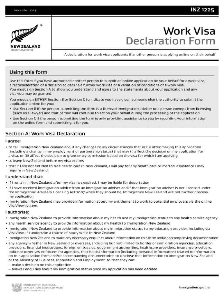 Fillable Online Work Visa Declaration Form (INZ 1225). A guide to