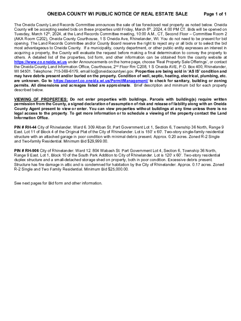 Fillable Online Fillable Online Oneida County Tax Delinquent Land Fax