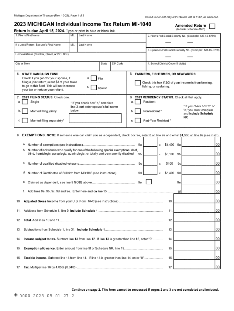 2023 Michigan Individual Income Tax Return MI-1040 Preview on Page 1