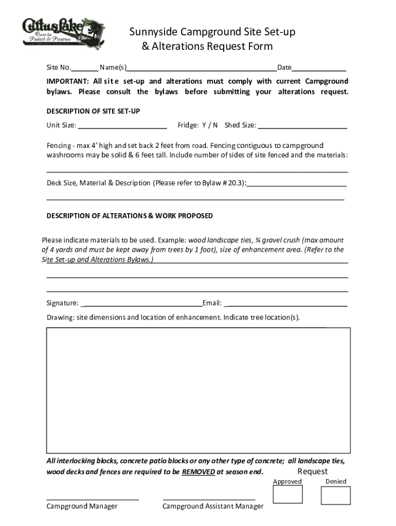 Fillable Online Sunnyside Campground Site Set-up & Alterations Request