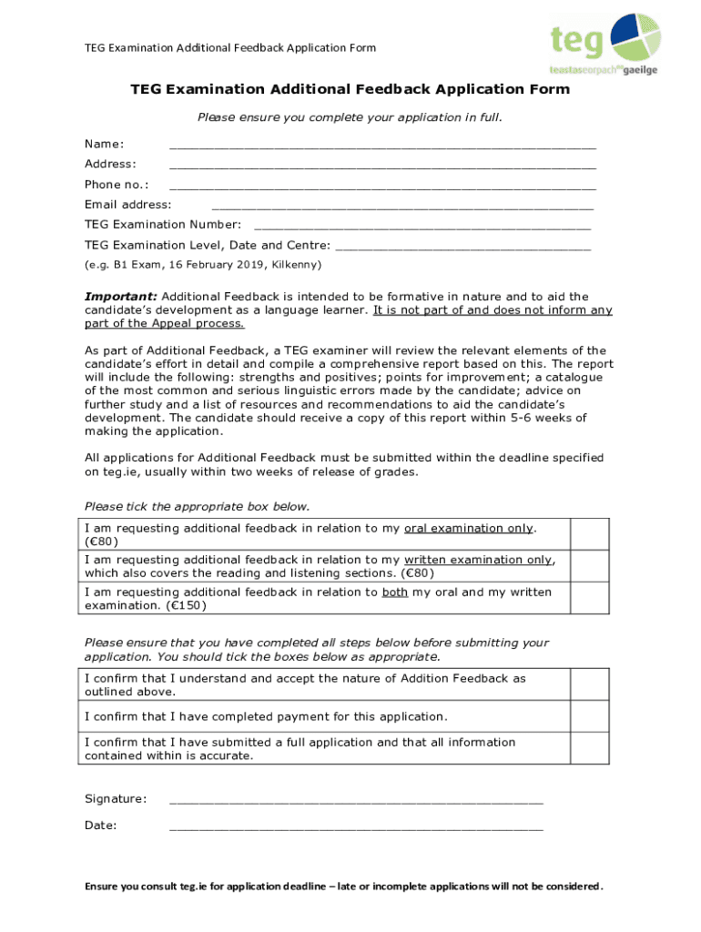 Fillable Online TEG Examination Additional Feedback Application Form fillable-online-teg-examination-additional-feedback-application-form