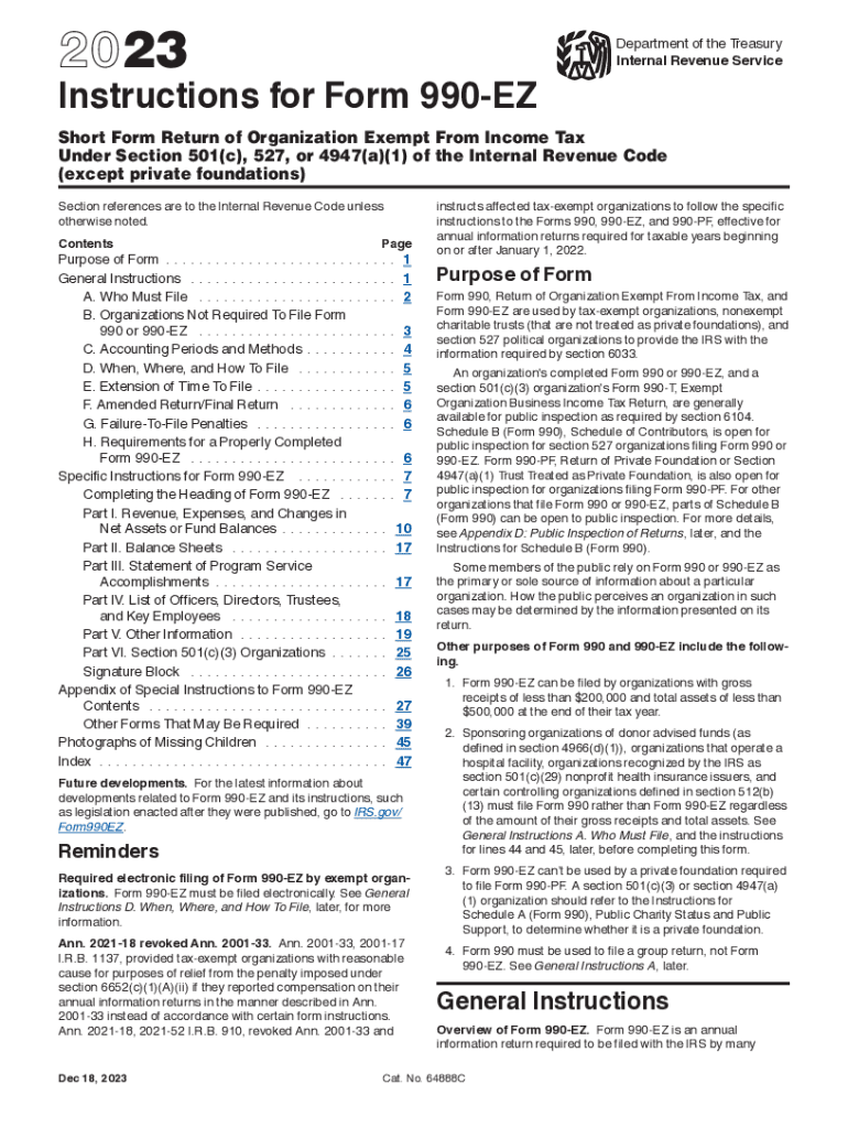 2023 Instructions for Form 990-EZ Instructions for Form 990-EZ, Short Form Return of Organization Ex Preview on Page 1