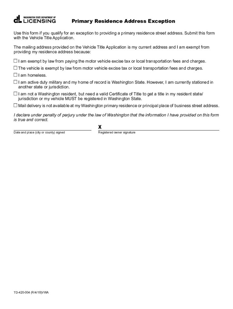 Primary Residence Address Exception Form to use for an exception to a primary residence street addre Preview on Page 1