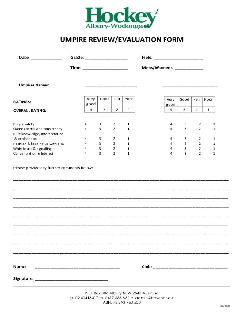 Fillable Online Umpire Evaluation Form Fill Online, Printable