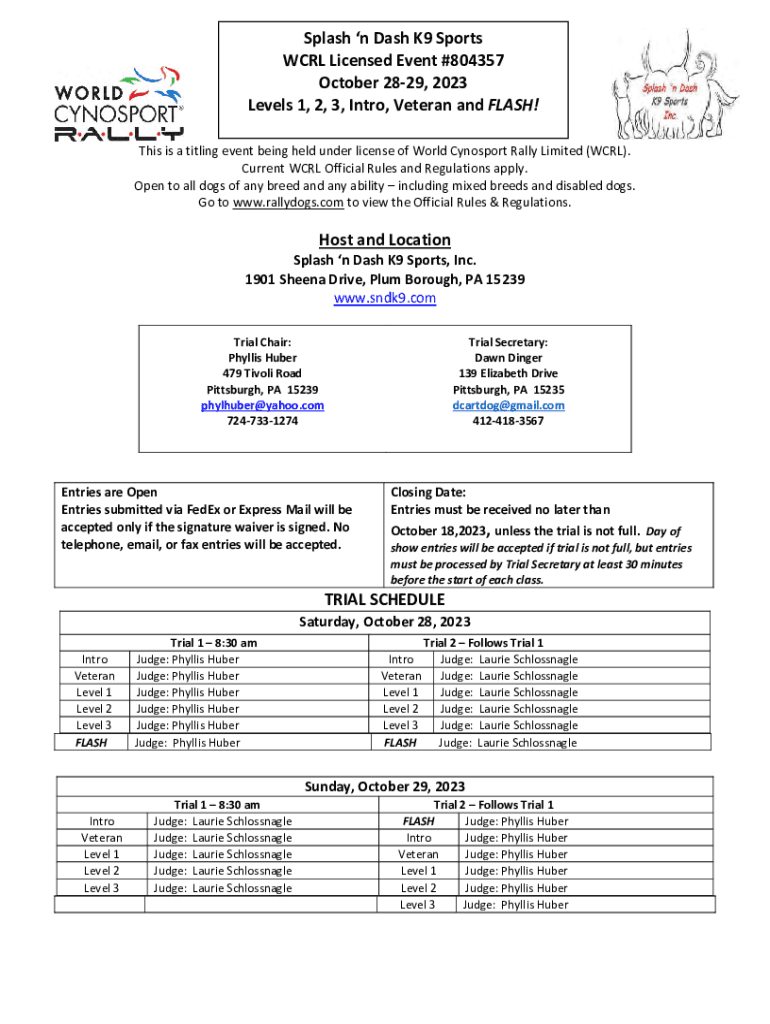 Fillable Online Host and Location TRIAL SCHEDULE Splash 'n Dash K9