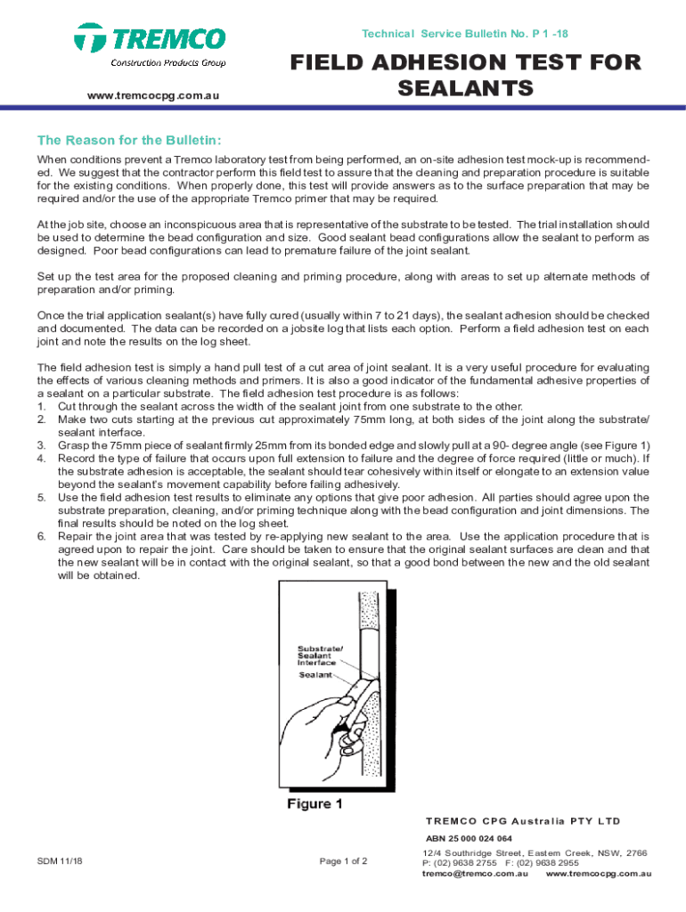 Fillable Online FIELD ADHESION TEST FOR SEALANTS Tremco Australia Fax