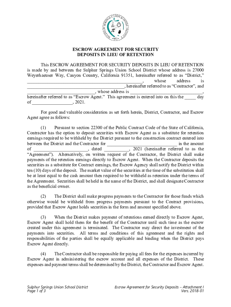 Fillable Online ESCROW AGREEMENT FOR SECURITY DEPOSITS IN LIEU OF