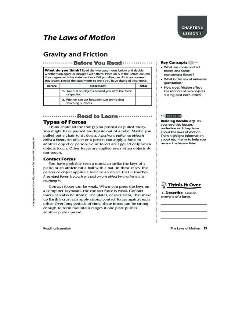 Fillable Online Lesson 1 Gravity and Friction Lesson 2 Newton's First ...