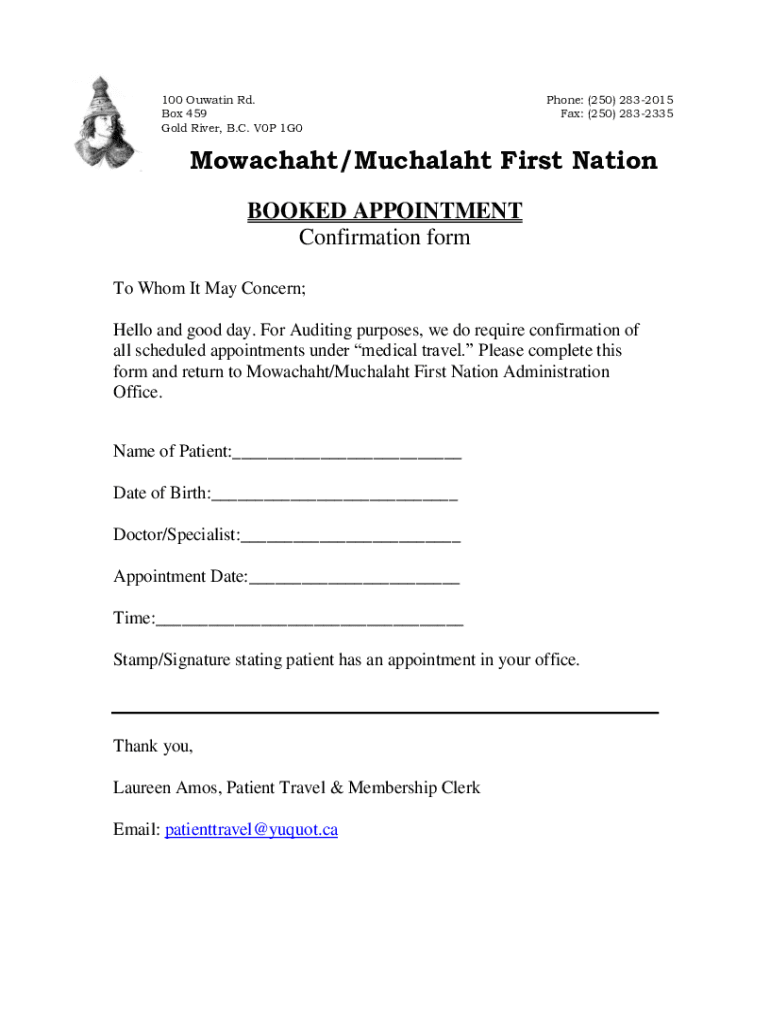 Fillable Online BOOKED APPOINTMENT Confirmation form Fax Email Print