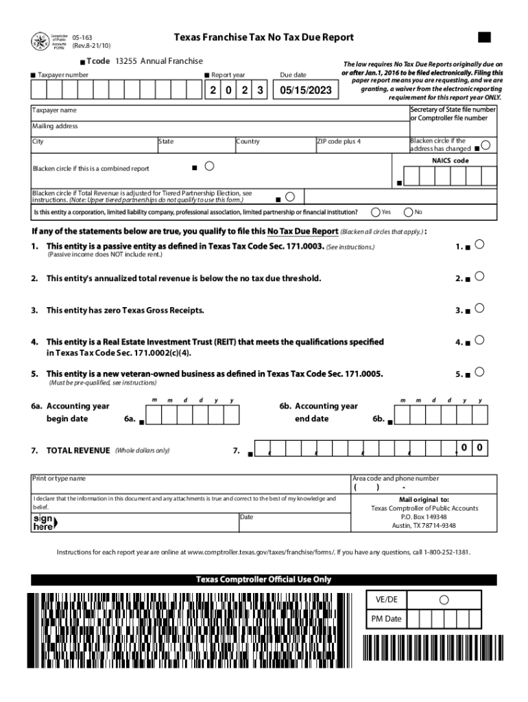 05-163 2023 Texas Franchise Tax Annual No Tax Due Information Report Preview on Page 1