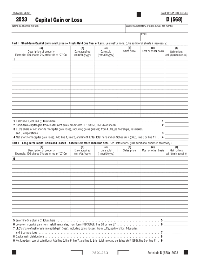 Fillable Online California Form 568 Schedule D (Capital Gain or Loss) Fax Email Print pdfFiller