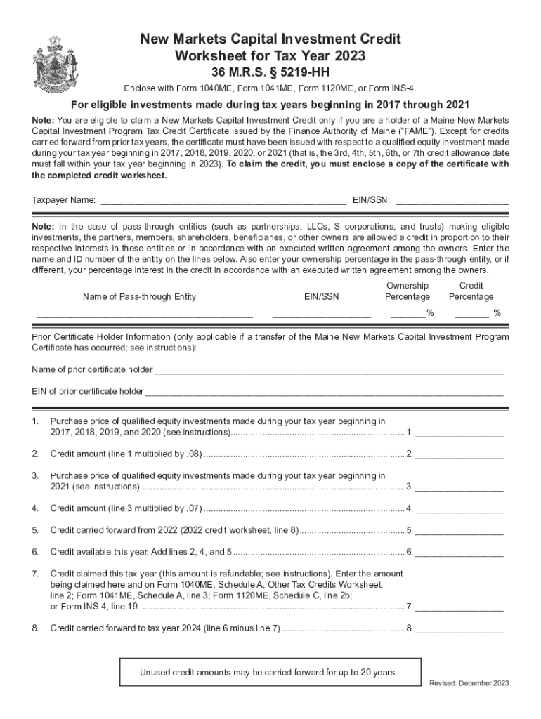 Worksheets for Tax Credits - 2023Maine Revenue Services Preview on Page 1