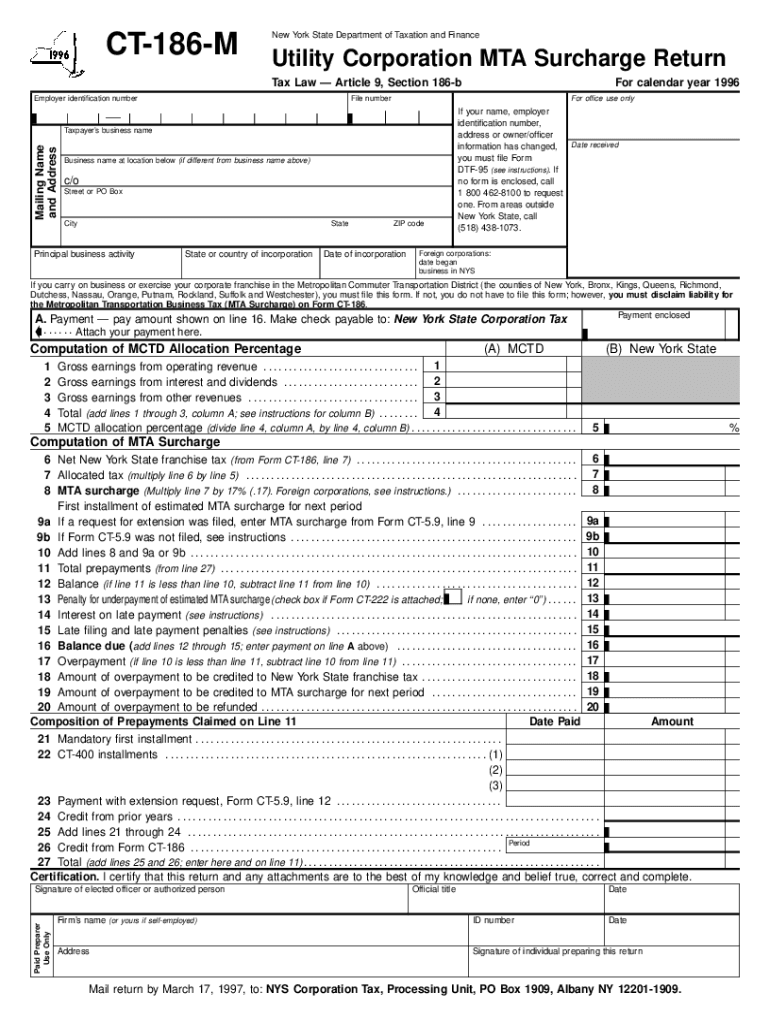 Fillable Online Form CT186M Utility Corporation MTA Tax.NY.gov Fax Email Print pdfFiller