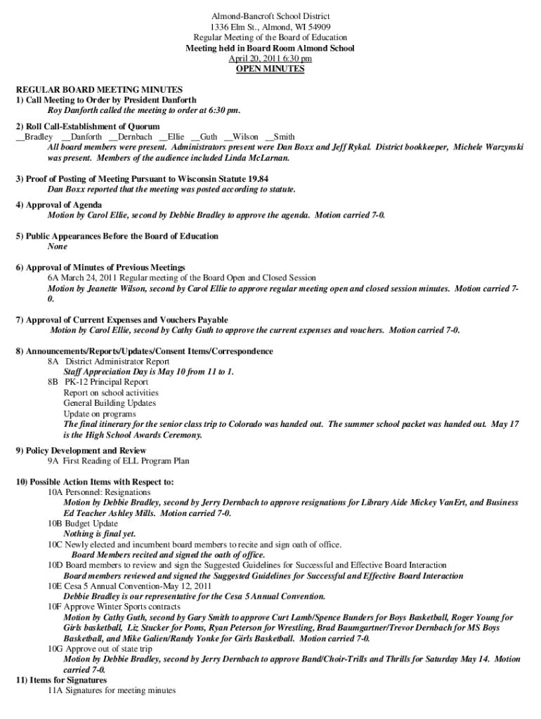 Fillable Online AlmondBancroft School District Wisconsin Fax Email