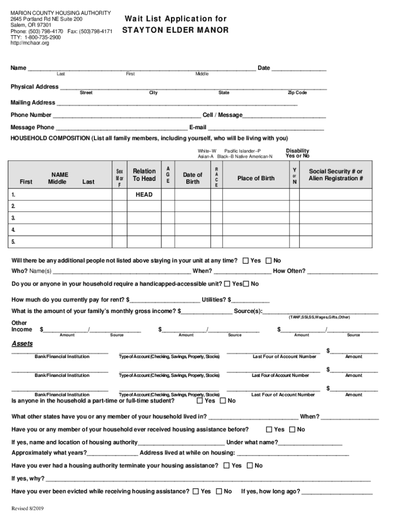 Fillable Online Wait List Application for STAYTON ELDER MANOR Fax Email
