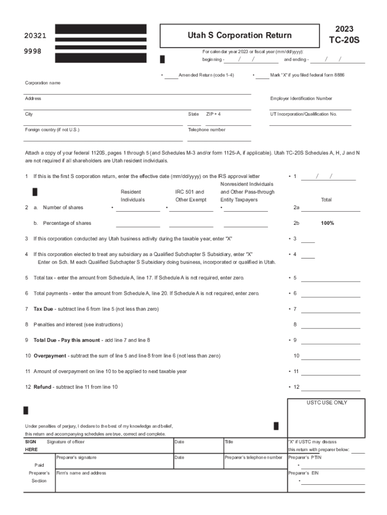 2023 TC-20S Utah S Corporation Tax Return Forms & Publications Preview on Page 1