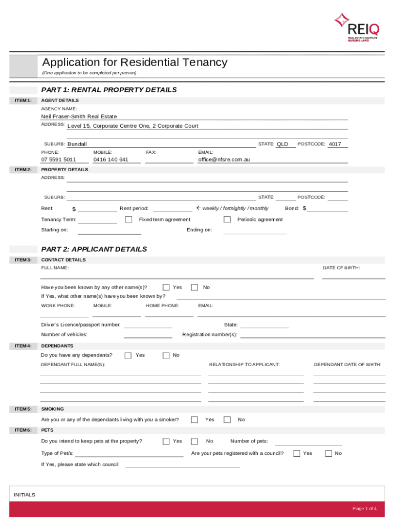 Fillable Online Application for Residential Tenancy Neil FraserSmith