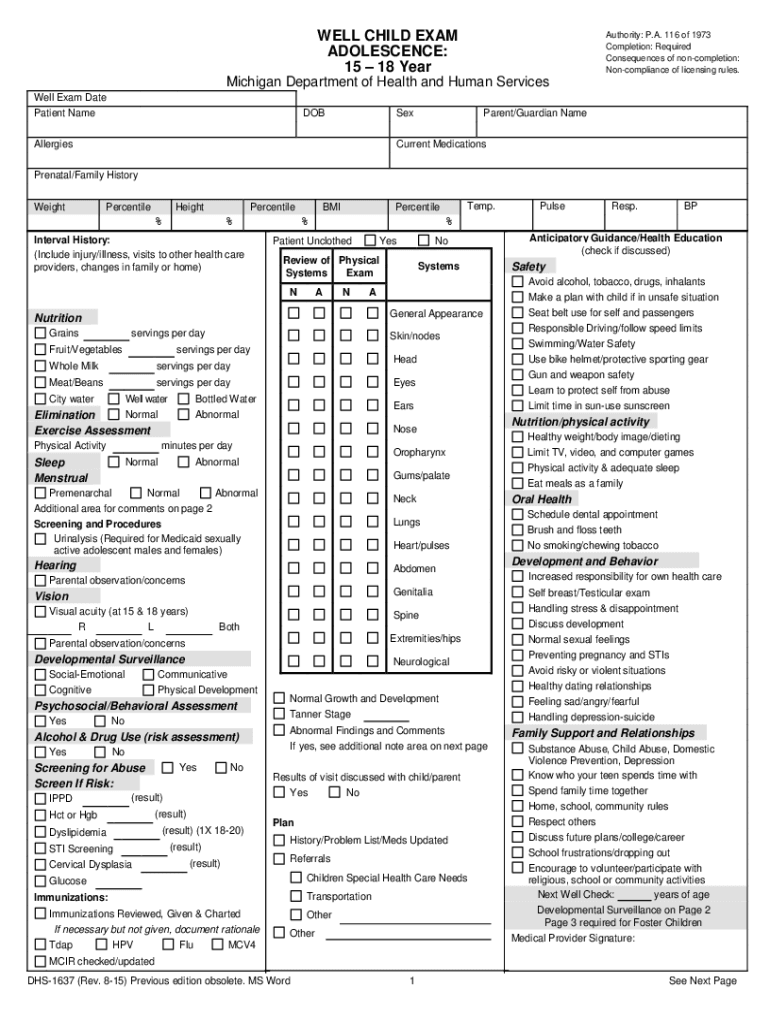 well child physical exam template Preview on Page 1