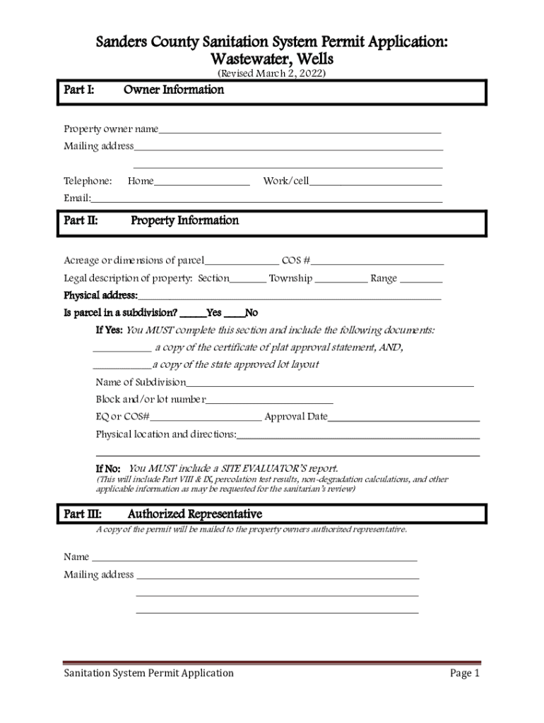Fillable Online Sanders County Sanitation System Permit Application Fax