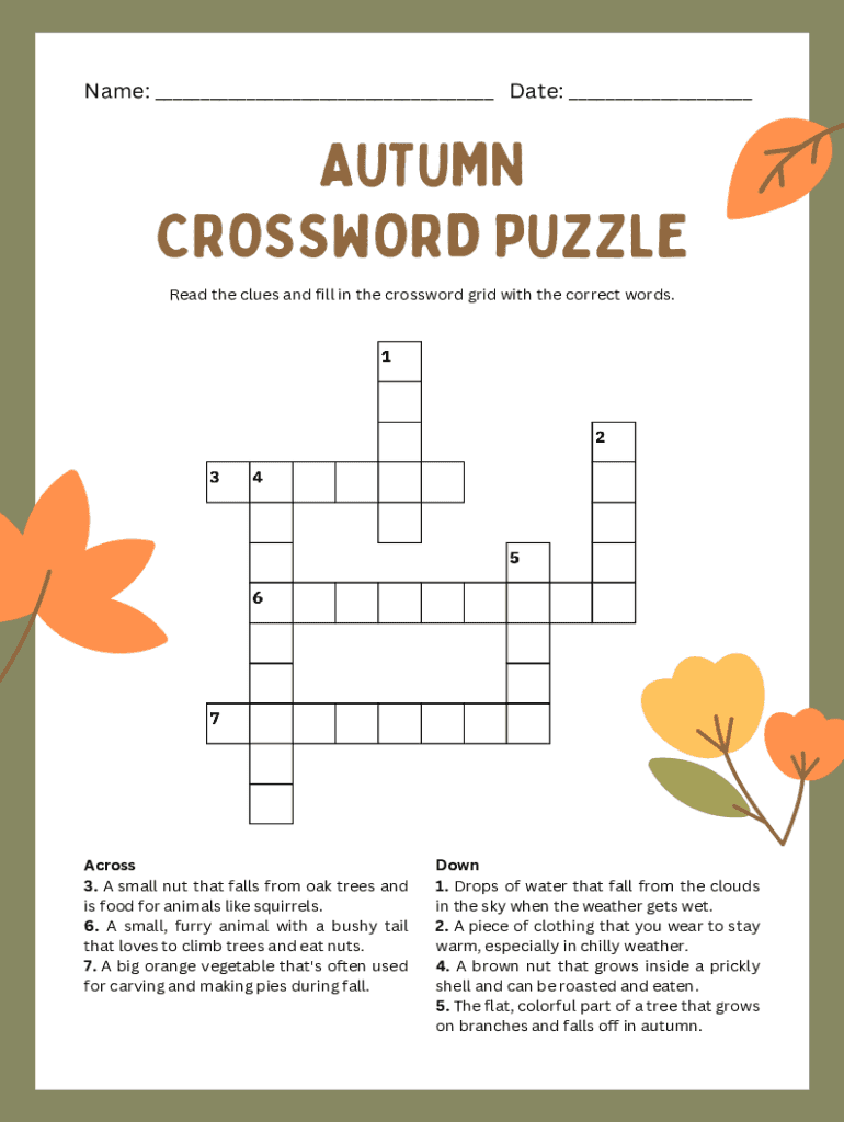 Fillable Online Autumn Crossword Puzzle Worksheet in Green And Orange ...