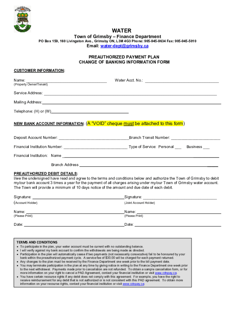 Fillable Online Preauthorized Payment Plan property tax water Fax