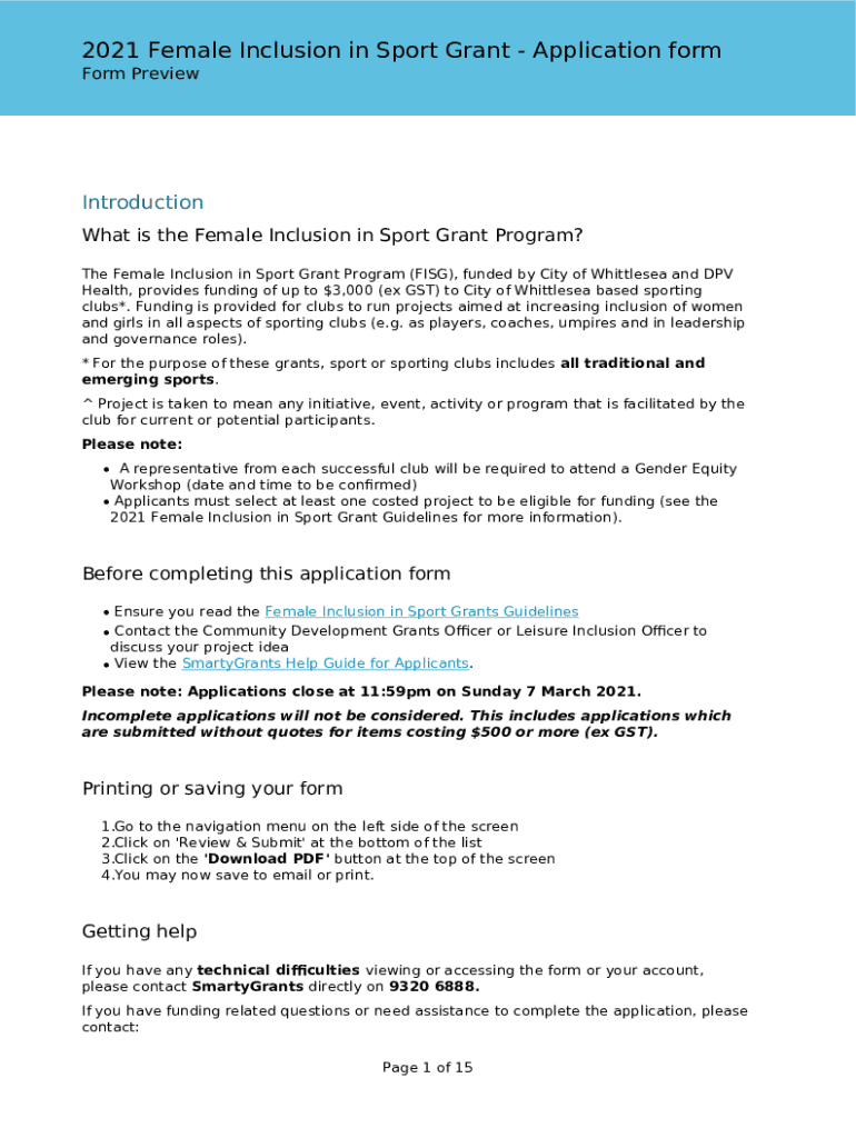 Fillable Online 2021 Female Inclusion in Sport Grant Application form