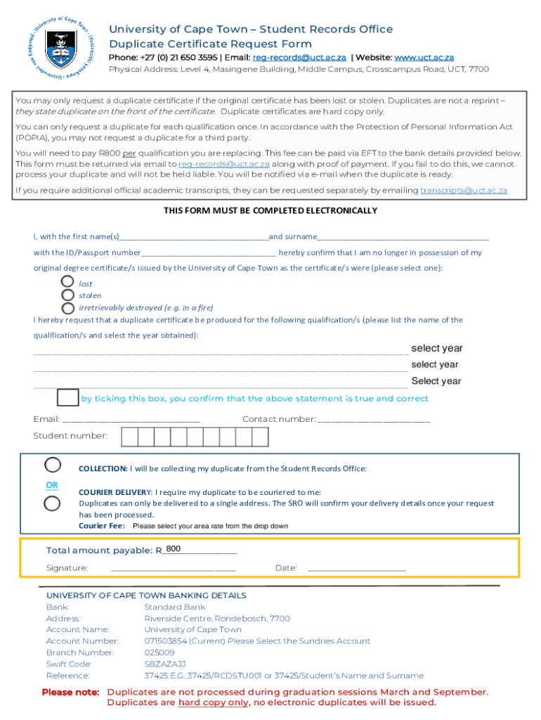 Fillable Online uct ac Student Records Office Transcripts Request Form ...