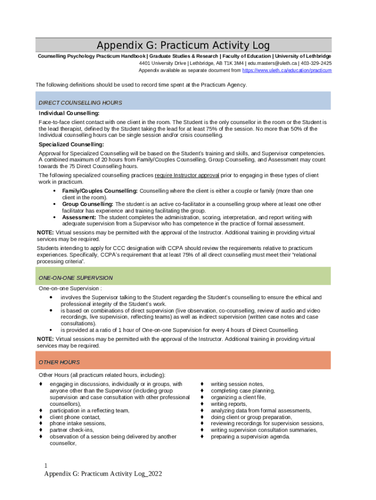Appendix G: Practicum Activity Log (Word Version) Doc Template | pdfFiller